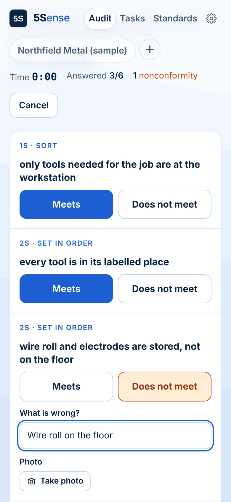 5S audit on a phone: Sort and Set in order items answered, one nonconformity with a note
