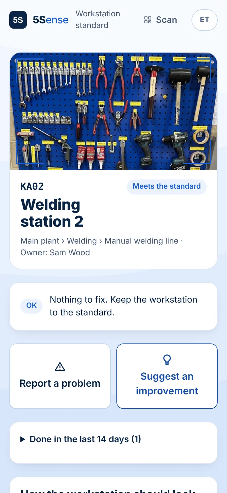 Worker view on a phone after scanning the workstation QR code: standard photo, owner and buttons to report a problem or suggest an improvement